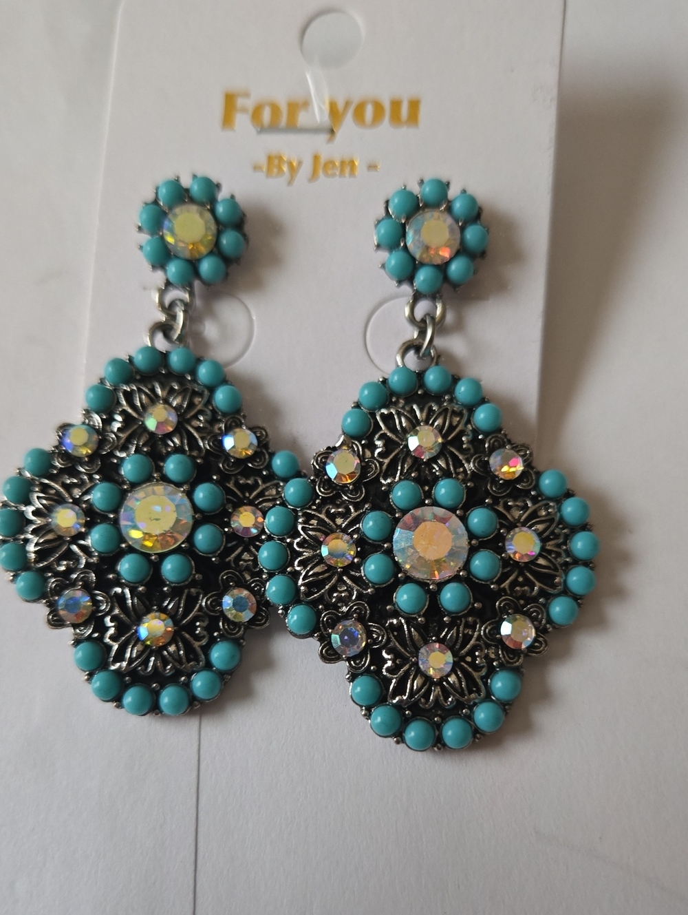 Western Beautiful Turquoise And Crystal Bling Drop Earrings!